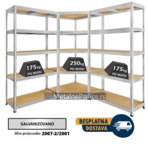 Polica ugao 180x70x70x30cm, 5x250kg + 2 police 180x90x30cm, 5x175kg galva