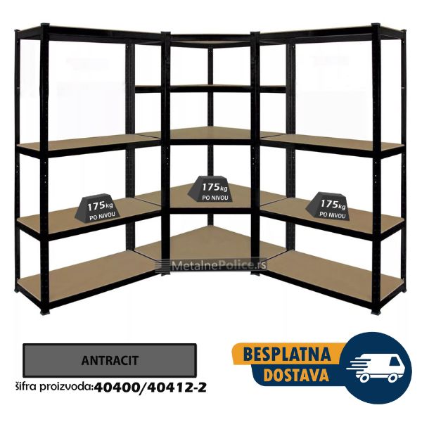 Ugaona polica 180x90x90x40cm, 5x175kg + 2 police 180x90x40cm, 4x175kg antracit